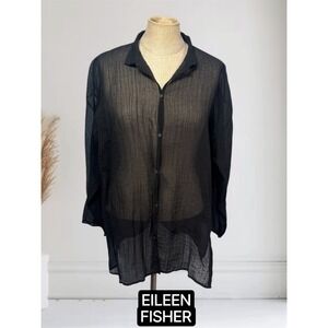EILEEN FISHER Black M Crosshatch Voile Sheer Button Up Shirt Blouse Boxy‎ Light
